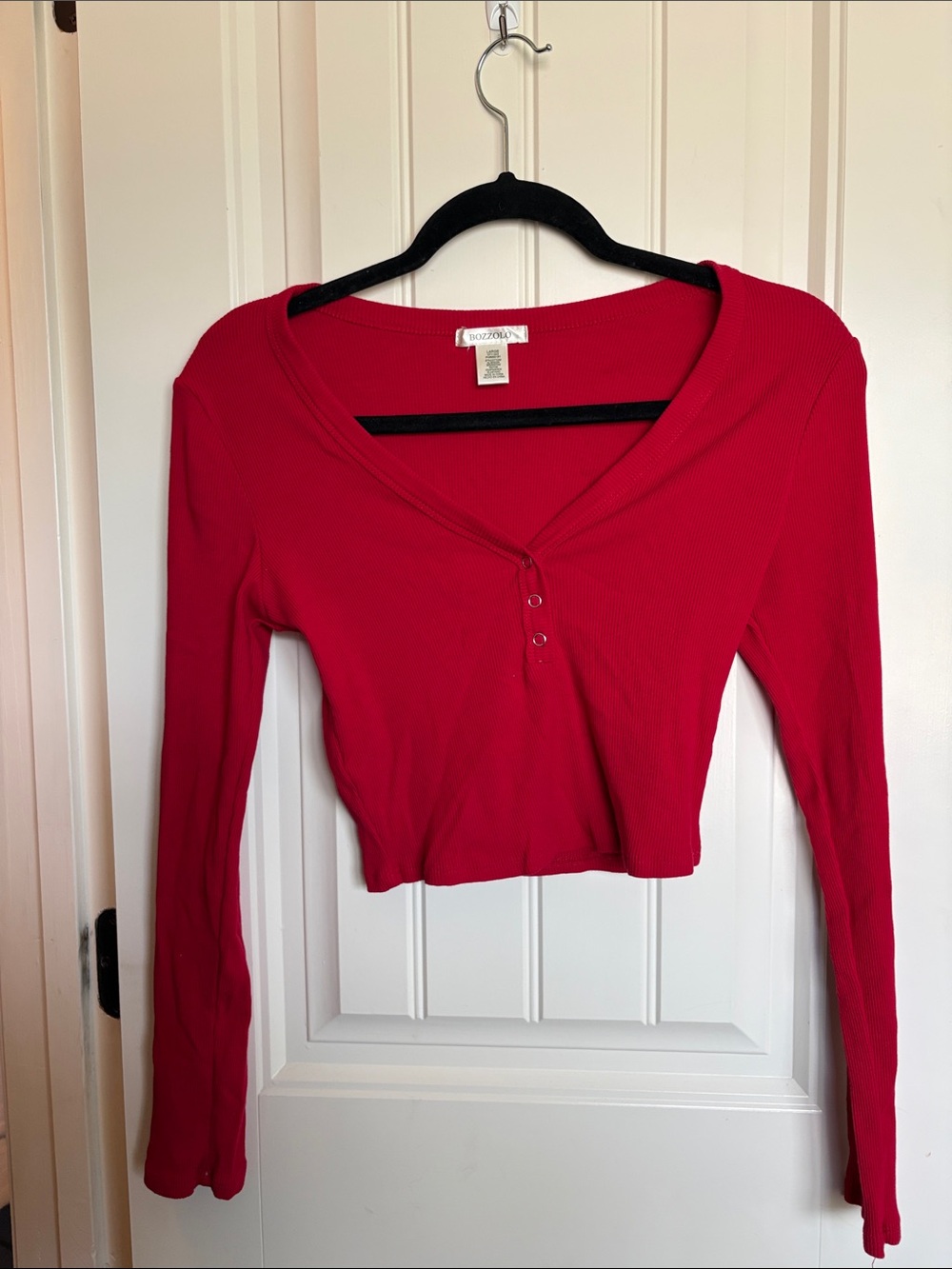 Bozzolo Red Ribbed Long-Sleeve Henley Crop Top
